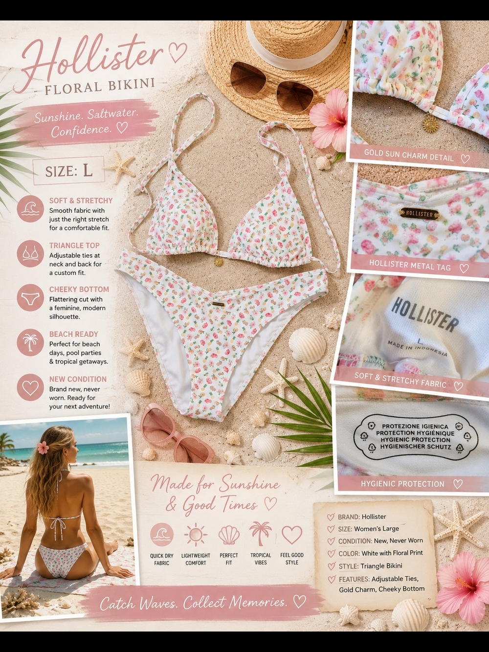 Hollister White Triangle Bikini Set with Pink & Green Floral